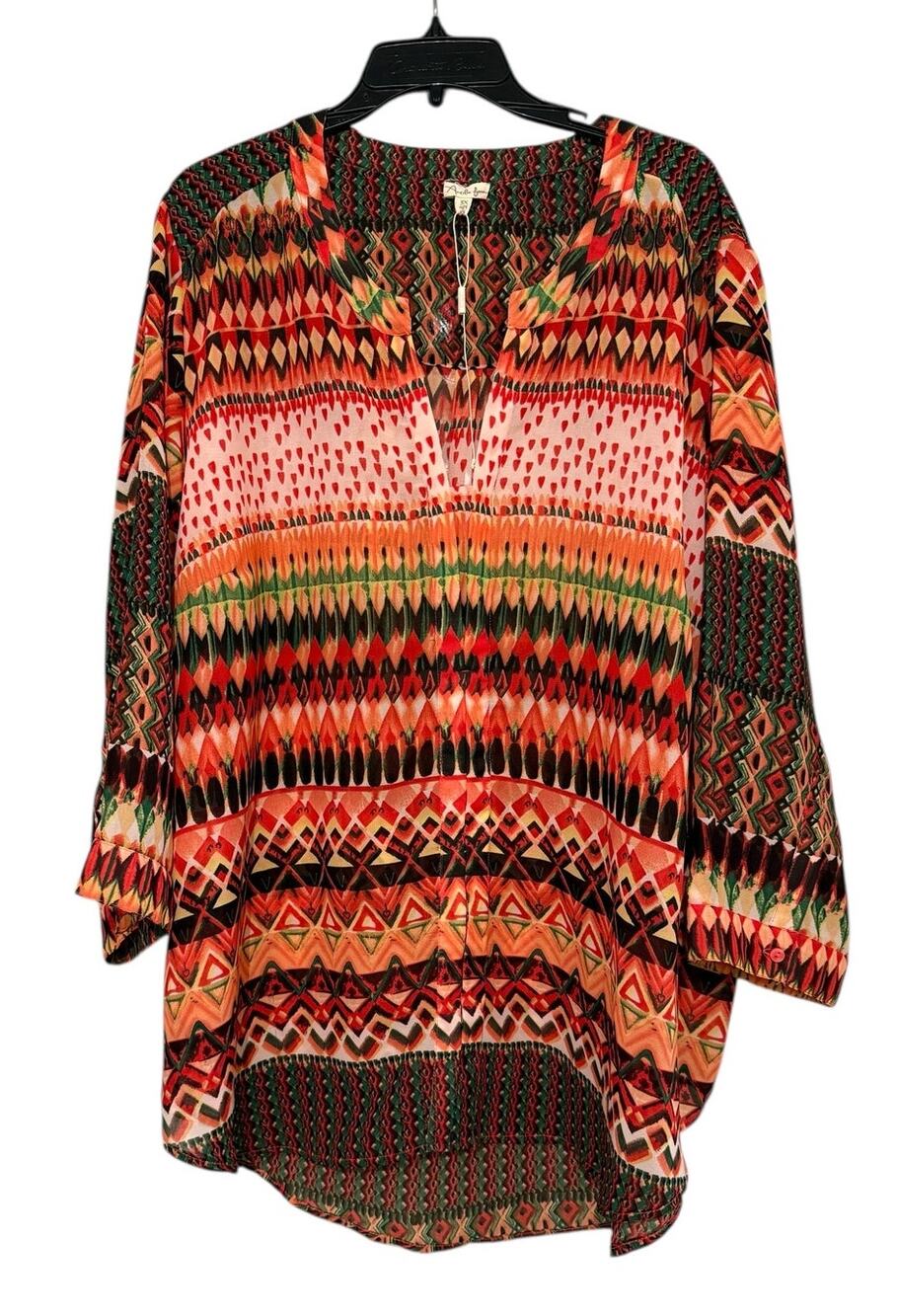 Antilia Femme 3X Boho Geometric Print Peasant Blouse Top Multicolor Flowy Tunic